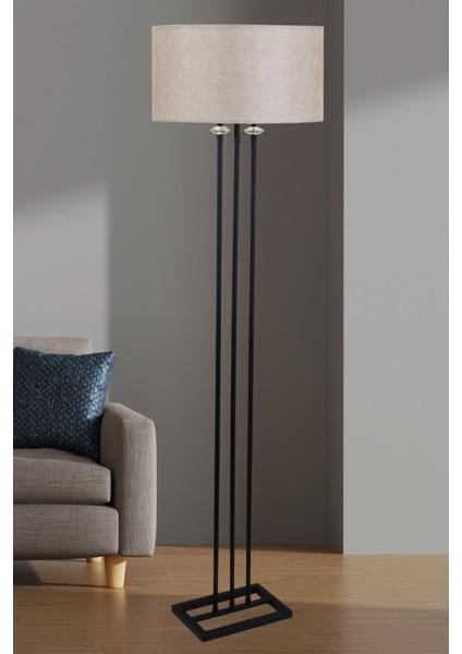 Lona Siyah Taşlı Lambader Açık Kahve Silindir Şapka Oturma Odası Salon Lambader