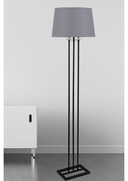 Lona Siyah Taşlı Lambader Gri Konik Şapka Oturma Odası Salon Lambader