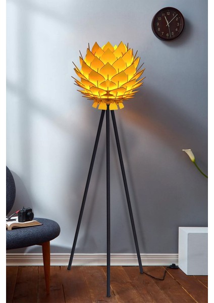 Lotus Metal Ayaklı Yerpuar Anahtarlı Ahşap Modern Tripod Üç Ayaklı Lambader Aydınlatma