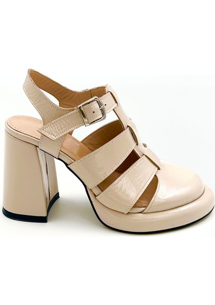 Bej Rugan Deri Platform Sandalet