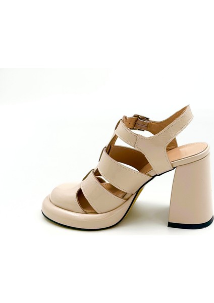 Bej Rugan Deri Platform Sandalet