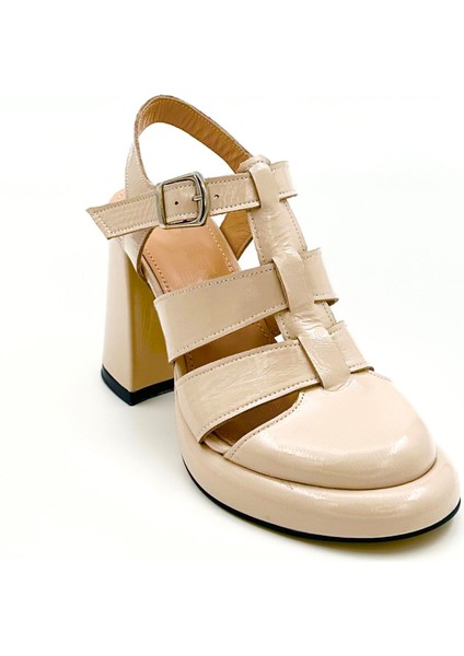 Bej Rugan Deri Platform Sandalet