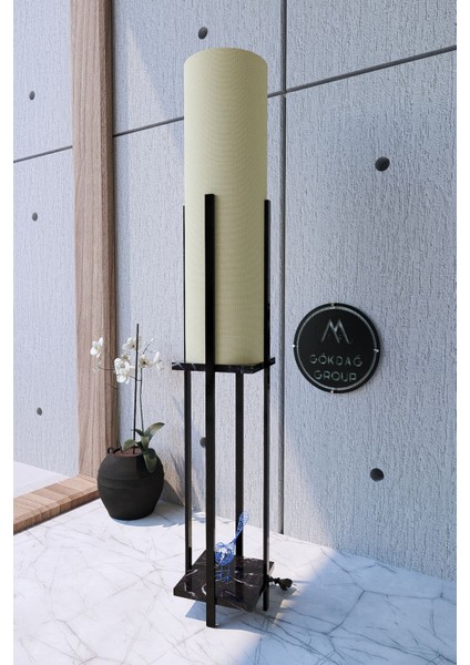 2 Raflı Kumaş Siyah Mermer Desenli Lambader