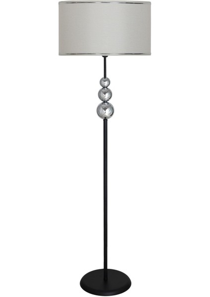 Üçlü Krom Küre Tek Ayaklı Siyah Metal Lambader - Krom Hasır Beyaz