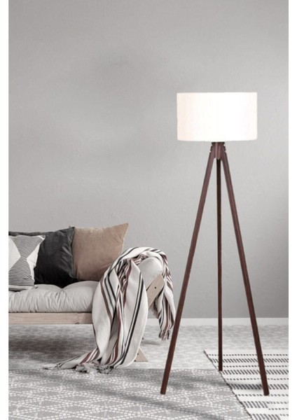 Tripod Mdf Ayaklı Lüx Lambader Yuvarlak Başlık Krem - Kahve Ayak