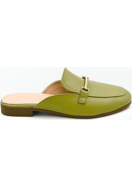Haki Renk Hakiki Deri Kadın Loafer Terlik