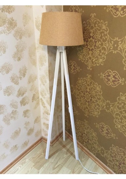 3 Ayaklı Lambader Ahşap Abajur Konik Tütün Kumaş Başlık Beyaz Ayak
