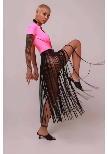 Deri Püsküllü Etek, Ince Püsküllü Boy Etek, Şık Deri Etek Harness - BRF1088