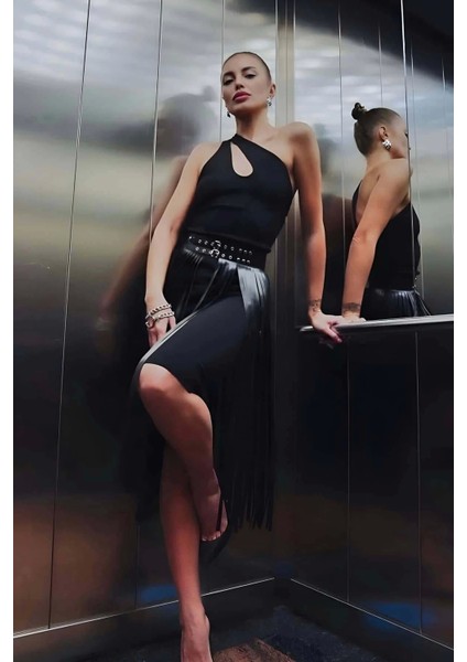 Püsküllü Deri Etek, Şık Deri Etek, Uzun Deri Etek, Siyah Deri Etek - BRF637