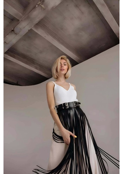 Püsküllü Deri Etek, Bel Üzeri Şık Püsküllü Deri Etek - BRF1090 fırsatları