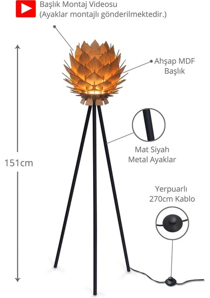Lotus Metal Ayaklı Yerpuar Anahtarlı Ahşap Modern Tripod Üç Ayaklı Lambader Aydınlatma