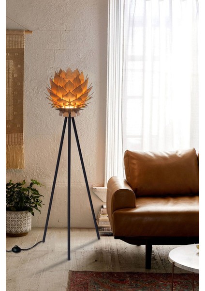Lotus Metal Ayaklı Yerpuar Anahtarlı Ahşap Modern Tripod Üç Ayaklı Lambader Aydınlatma