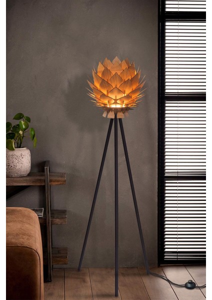 Lotus Metal Ayaklı Yerpuar Anahtarlı Ahşap Modern Tripod Üç Ayaklı Lambader Aydınlatma