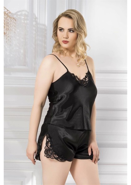 Büyük Beden Siyah Saten Babydoll Şort Takımı