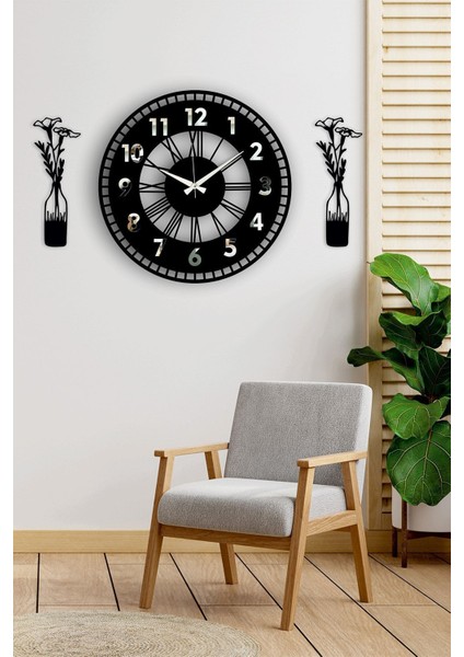 Dekoratif Aynalı Duvar Saati + Vazo Tablo Gümüş modelleri