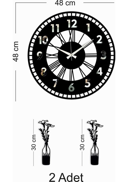 Dekoratif Aynalı Duvar Saati + Vazo Tablo Gümüş indirimleri