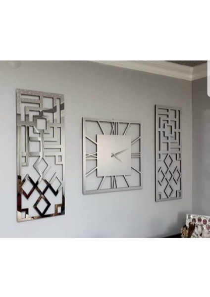 Aynalı Gümüş Duvar Saati 40 x 40 cm 3'lü