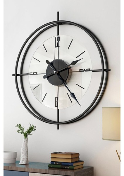 Siyah Deluxe Şeffaf Cam Orta Boy Iskandinav Modern Dekoratif Metal Duvar Saati