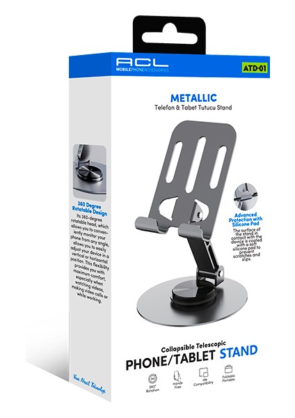 Metalik Telefon ve Tablet Tutucu Stand - Atd-01 | 360 Derece Dönen, Katlanabilir ve Silikon Koruma Özellikli modelleri