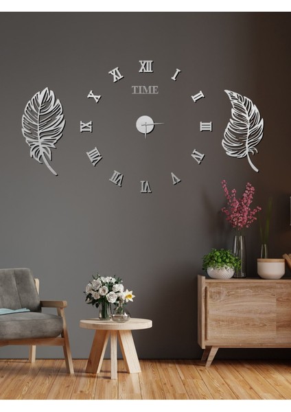Time Collection 3D Roma Rakamlı Saat ve 2li Yaprak Pano Set (Gümüş) modelleri