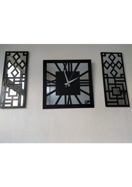Roma Rakamlı Modern &amp Şık Tasarım Mdf Üzeri Gümüş Renk Aynalı Pleksi 3lü Duvar Saat Seti