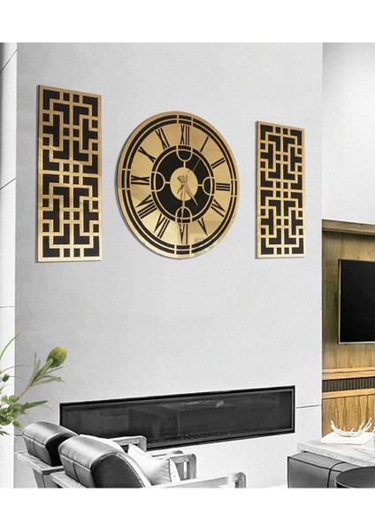 Roma Rakamlı Modern & Şık Tasarım Mdf Üzeri Gold Aynalı Pleksi 3lü Duvar Saat Seti