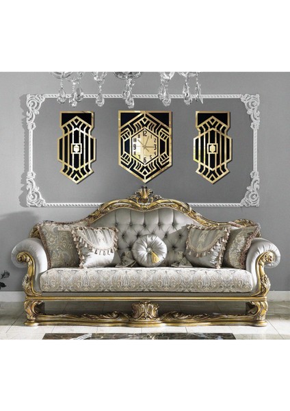 Roma Rakamlı Modern & Şık Tasarım Mdf Üzeri Gold Aynalı Pleksi 3lü Duvar Saat Seti fiyatları