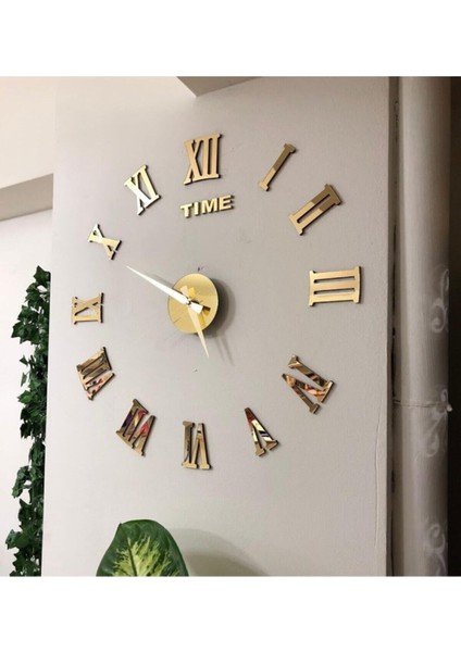 Büyük Boy 3D Duvar Saati Roma Rakamlı Duvar Saati Gold