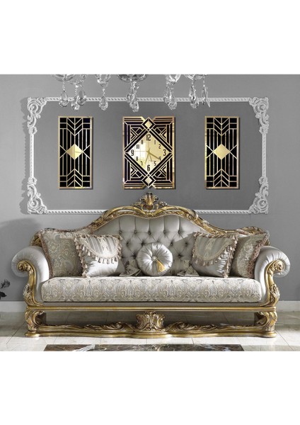 Modern Klasik & Geometrik Tasarım Mdf Üzeri Gold Aynalı Pleksi 3lü Duvar Saat Seti