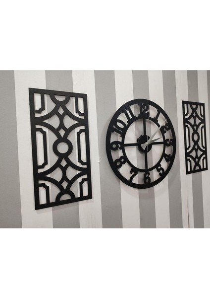 Time Collection 3 Parça Fero Latin Rakamlı Dekoratif Duvar Saati (Siyah)