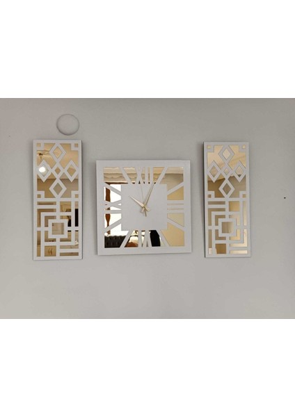 6 mm Roma Rakamlı Modern & Şık Tasarım Beyaz Mdf Üzeri Gold Renk Aynalı Pleksi 3lü Duvar Saat Seti