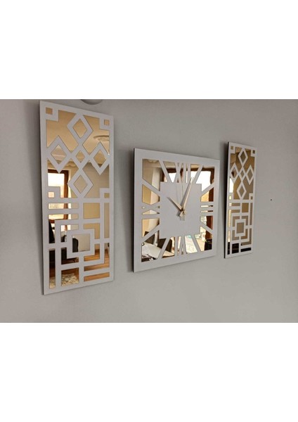 6 mm Roma Rakamlı Modern & Şık Tasarım Beyaz Mdf Üzeri Gold Renk Aynalı Pleksi 3lü Duvar Saat Seti fiyatları