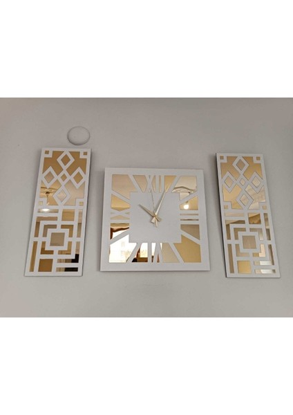 6 mm Roma Rakamlı Modern & Şık Tasarım Beyaz Mdf Üzeri Gold Renk Aynalı Pleksi 3lü Duvar Saat Seti fırsatları