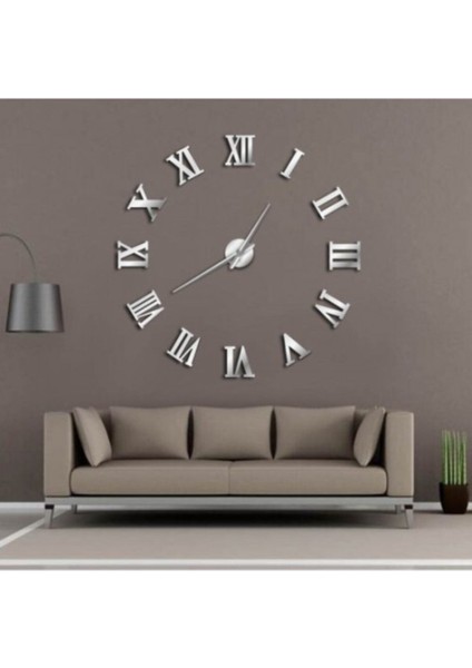 3D Ayna Roma Rakamlı Duvar Saati Dekoratif Duvar Saati Gümüş Renk