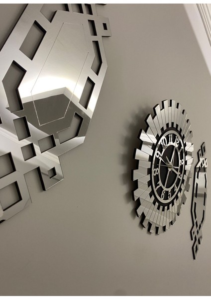 Dekoratif Duvar Saati 3 Lü Set 40 cm Gümüş Modern Türk Rakamlı Duvar Saati 18 x 51 cm Baklava Tablo