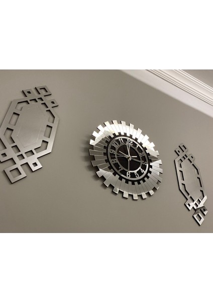 Dekoratif Duvar Saati 3 Lü Set 40 cm Gümüş Modern Türk Rakamlı Duvar Saati 18 x 51 cm Baklava Tablo fiyatları