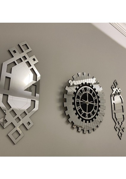 Dekoratif Duvar Saati 3 Lü Set 40 cm Gümüş Modern Türk Rakamlı Duvar Saati 18 x 51 cm Baklava Tablo indirimleri