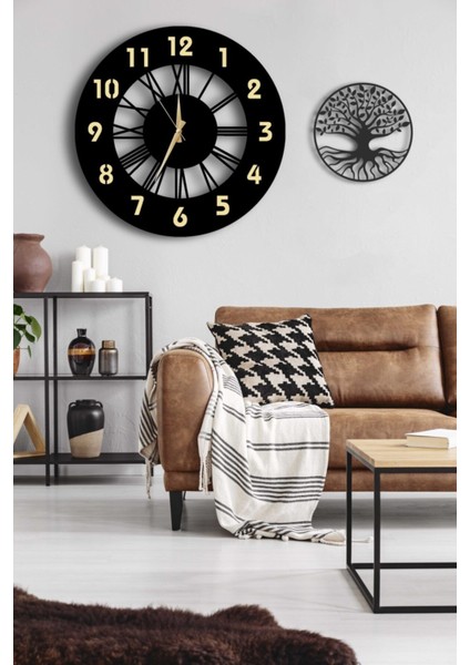 Dekoratif Gold Aynalı Duvar Saati 50X50CM + Yaşam Ağacı Tablo