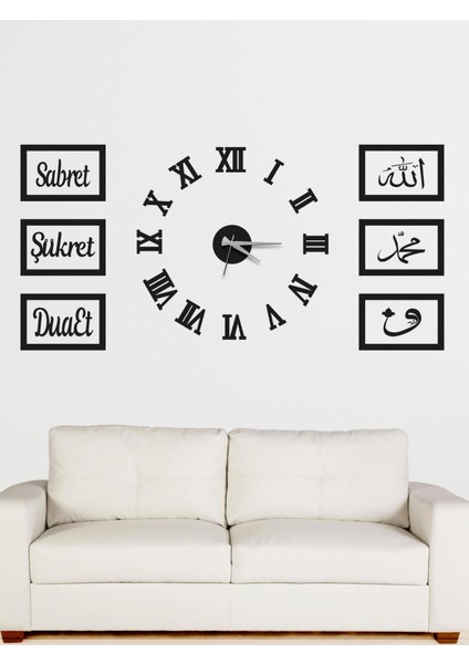 3D Roma Rakamlı Saat ve Sabret Şükret Dua Et Allah Muhammed Vav Uv Pano Set (Beyazaltın)