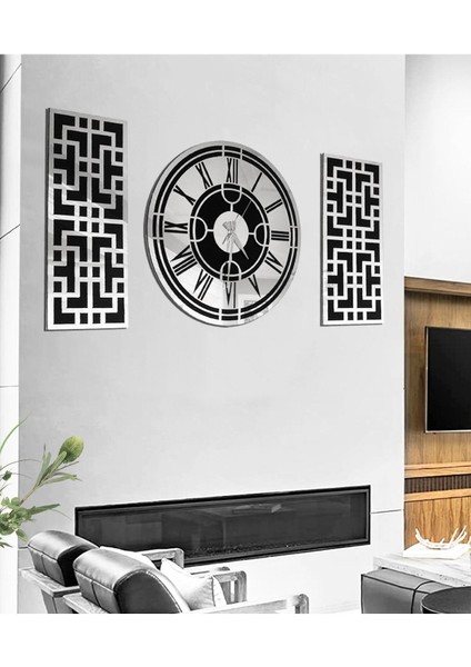 Roma Rakamlı Modern & Şık Tasarım Mdf Üzeri Gümüş Aynalı Pleksi 3lü Duvar Saat Seti