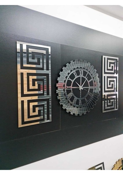 Dekoratif 3 Lü Set Pleksi Gümüş Aynalı 3D Kabartmalı El Boyaması Şık Duvar Saati ve Dekoru