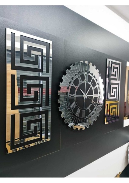 Dekoratif 3 Lü Set Pleksi Gümüş Aynalı 3D Kabartmalı El Boyaması Şık Duvar Saati ve Dekoru modelleri
