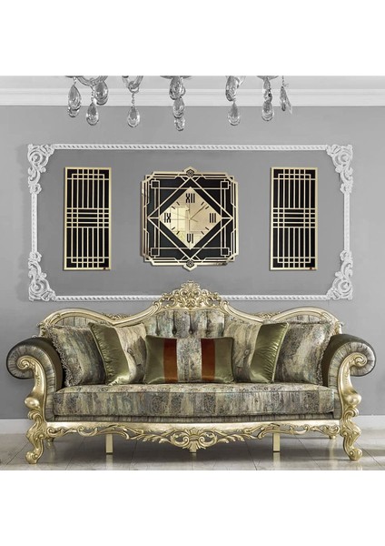 Roma Rakamlı Modern Klasik & Geometrik Tasarım Mdf Üzeri Gold Aynalı Pleksi 3lü Duvar Saat Seti