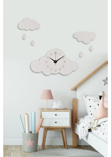 Ahşap Beyaz Bulutlu Çocuk Odası Duvar Saati (Ahşap Sticker Bulut ve Yağmur Damlası Hediyeli)