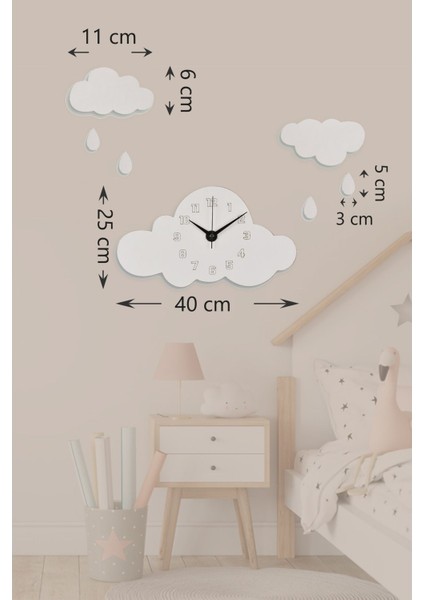 Ahşap Beyaz Bulutlu Çocuk Odası Duvar Saati (Ahşap Sticker Bulut ve Yağmur Damlası Hediyeli) fiyatları