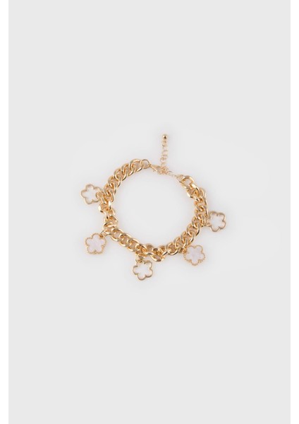 Kadın Beyaz Çiçekli Gold Kalın Zincir Bileklik E8316AXNS