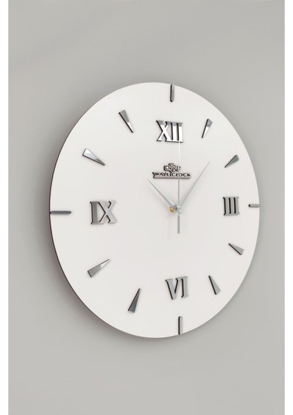 Özel Dekoratif Roma Rakamlı Aynalı Duvar Saati Beyaz & Gümüş Sessiz Mekanizma 37X37CM