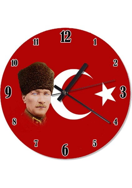 30 cm Çap Atatürk ve Bayrak Desenli Duvar Saati
