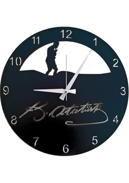 Dekoratif Siyah Ahşap Duvar Saati Kemal Atatürk Imzalı