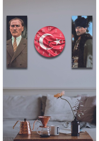 3 Parçalı Dekoratif Atatürk Tasarımlı Duvar Saati